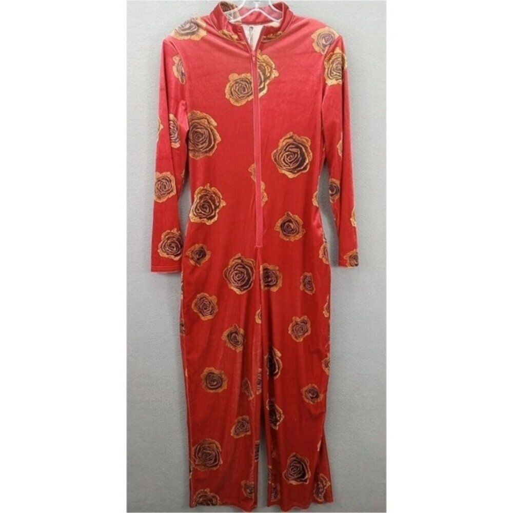Oyrosy Elegant Red Floral Rose Velvet Zip up  Long Sleeve  Retro Jumpsuit M - Picture 3 of 13